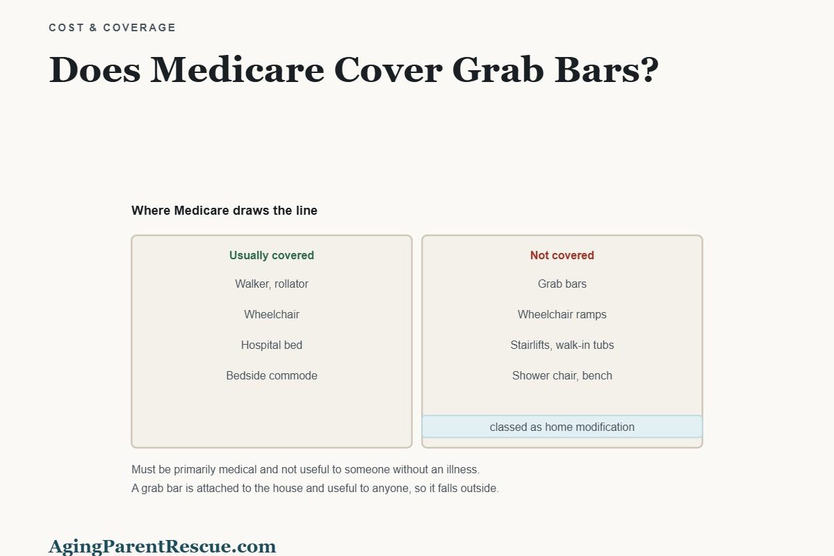 Two columns comparing equipment Medicare usually covers against home modifications it does not