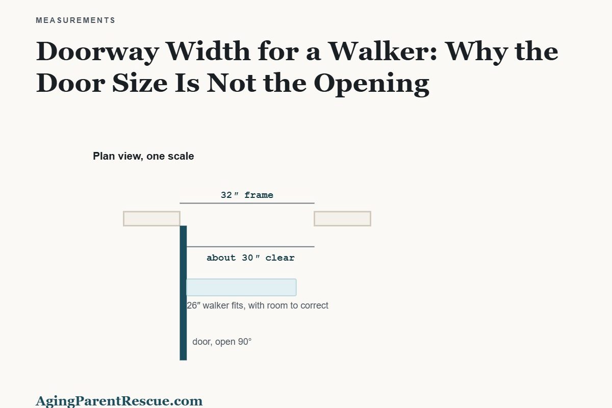 Plan view of a 32 inch door frame giving about 30 inches of clear width, with a 26 inch walker fitting inside it