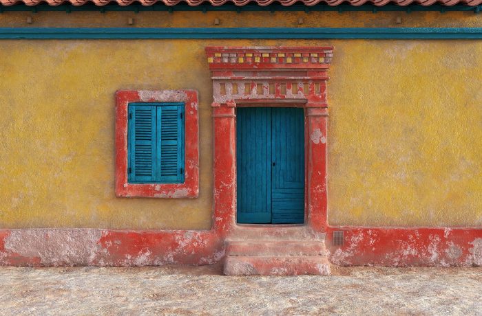 A house front door reached by a short flight of stone steps