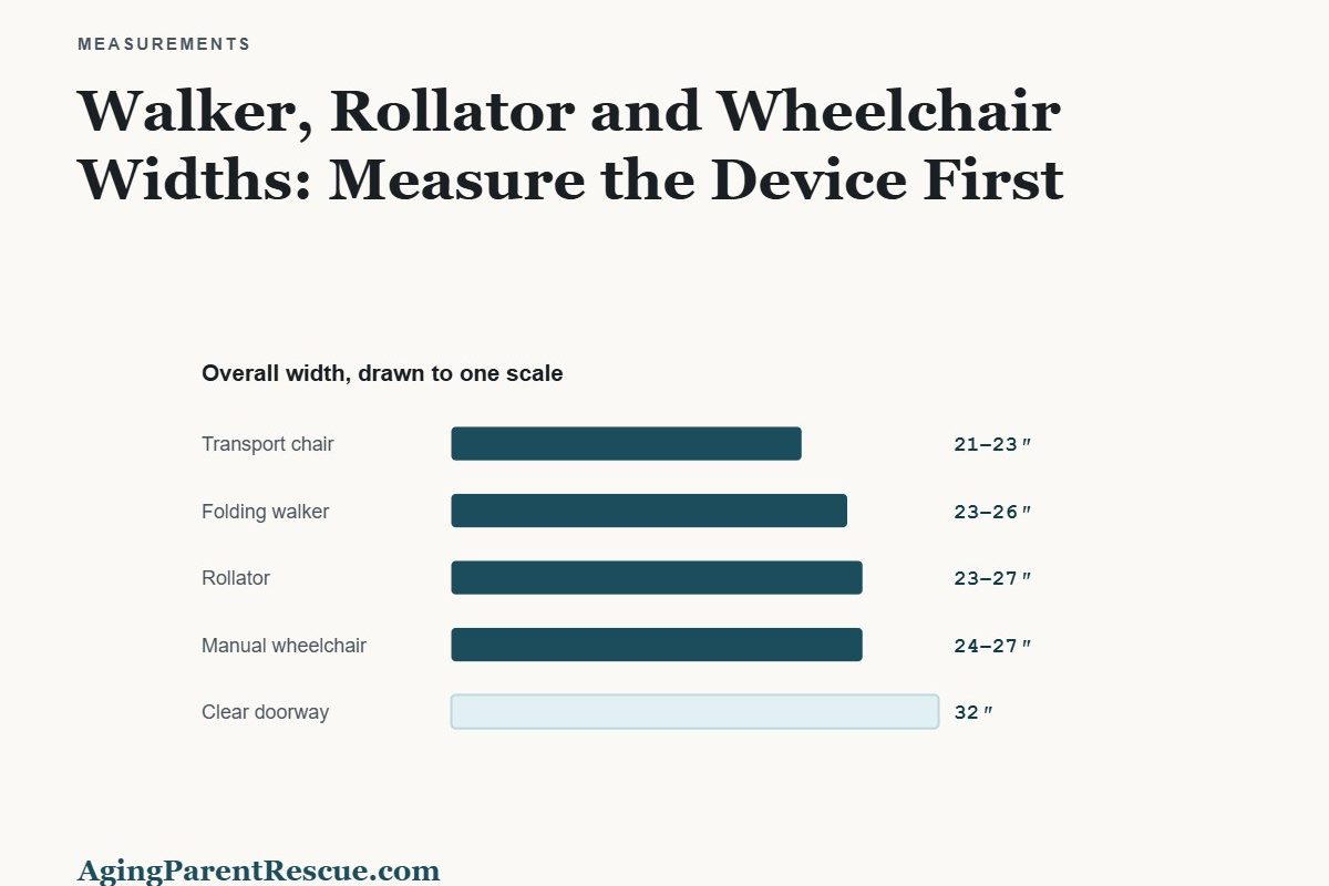 Typical overall widths of four mobility devices compared with a 32 inch clear doorway