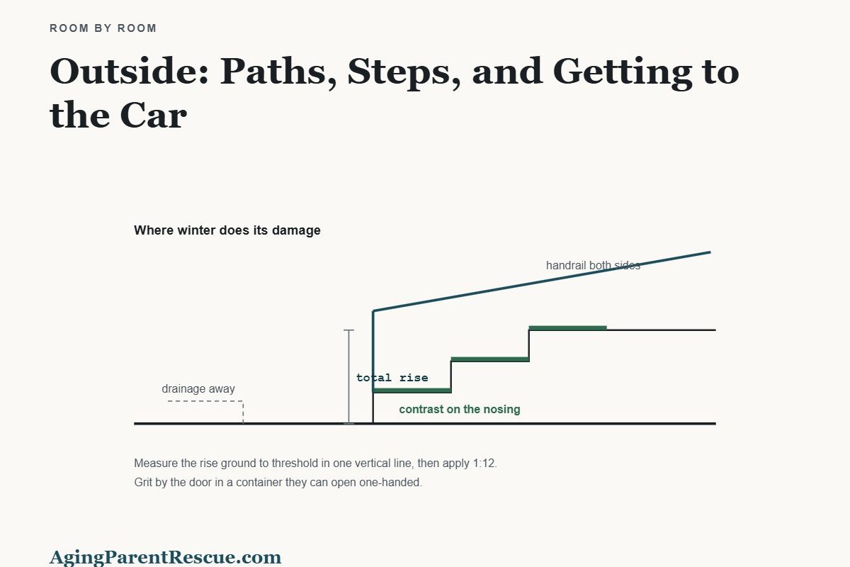 Section through outdoor steps showing handrails, contrast nosings, drainage routed away from the path and the total rise measurement