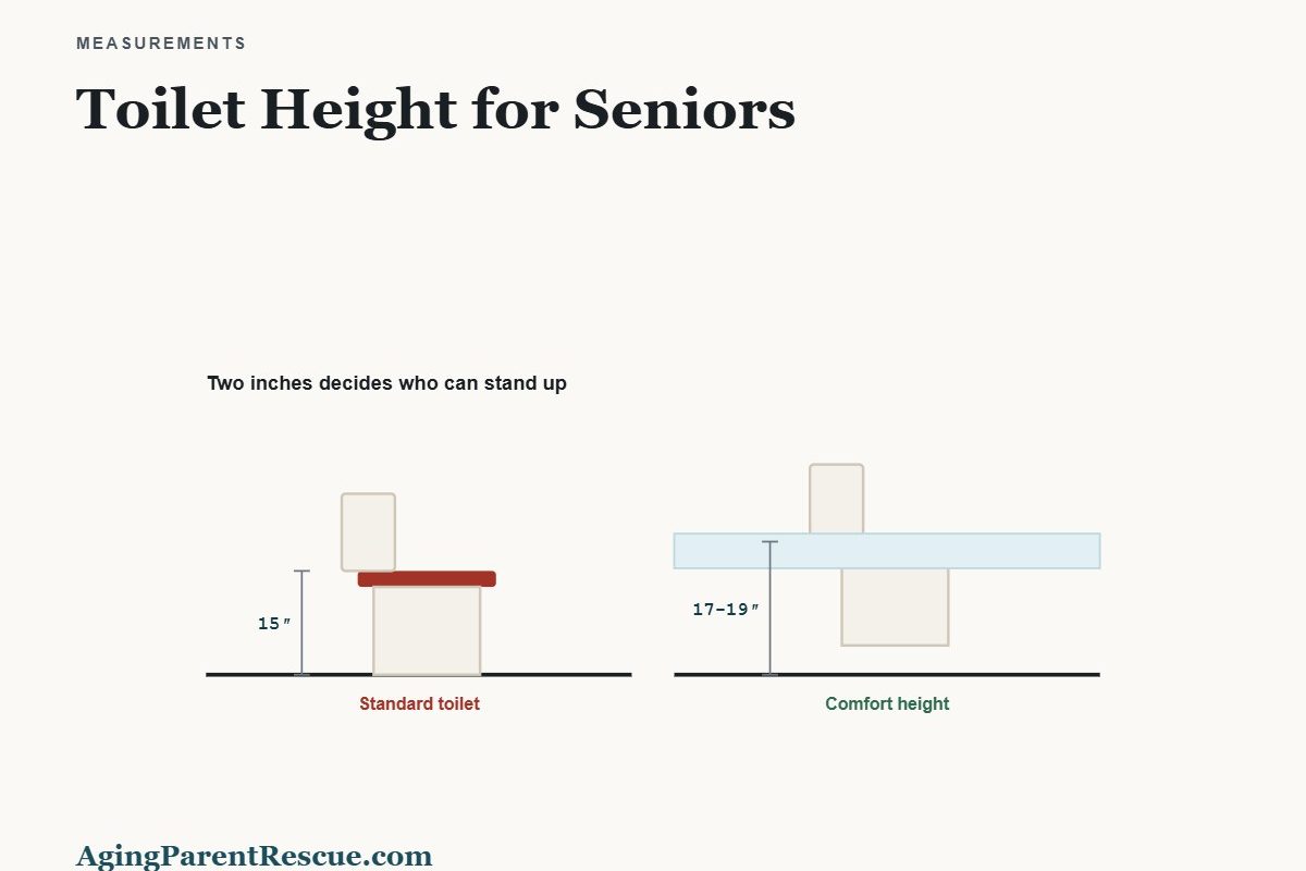 Elevation comparing a standard 15 inch toilet seat with a 17 to 19 inch comfort height seat