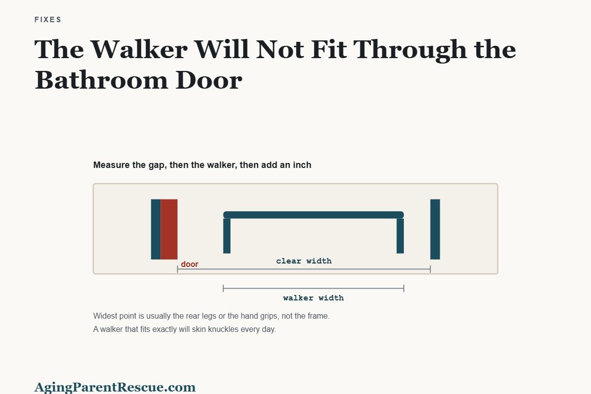 Plan view of a doorway with a walker passing through, showing clear width against walker width