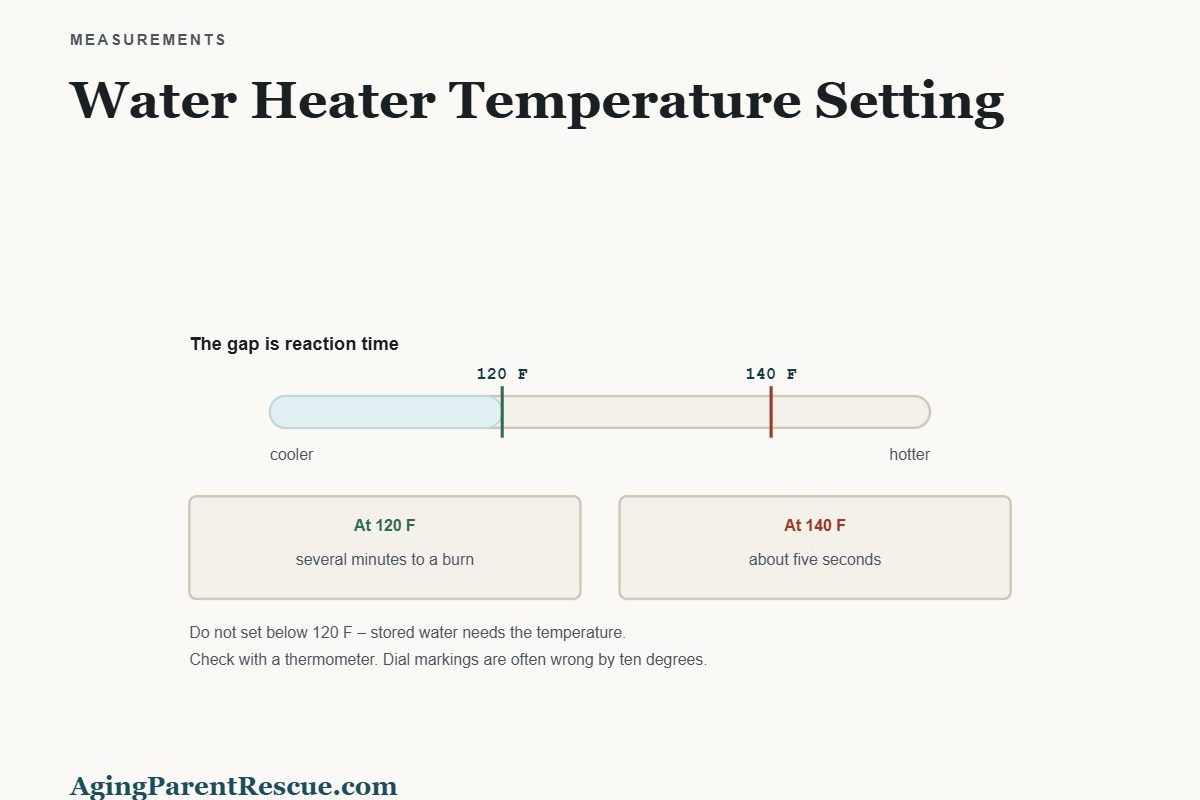 Temperature scale showing 120 and 140 degrees Fahrenheit with the time each takes to cause a serious burn