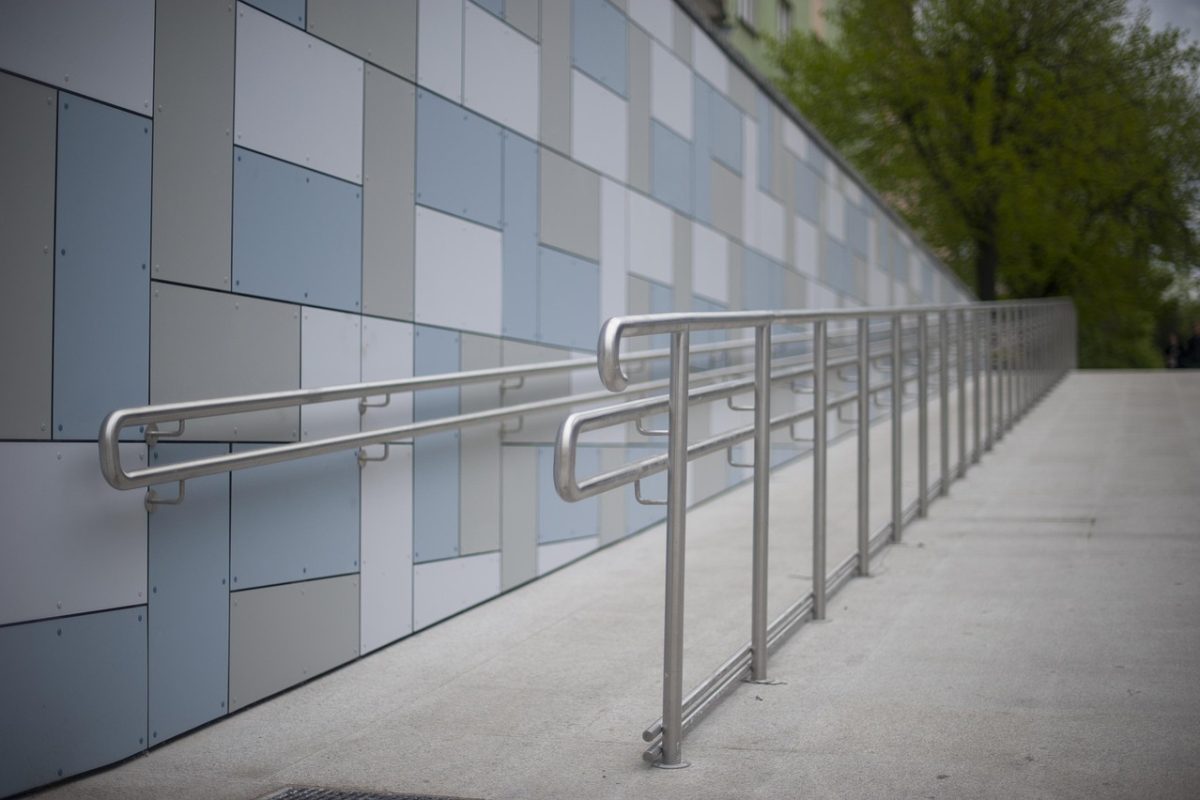 A wheelchair access ramp running up to a building entrance